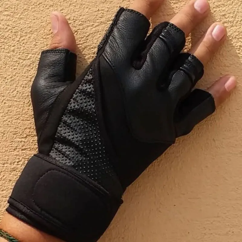 Black fingerless leather gloves with padded palm grip design