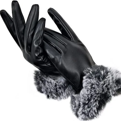 black leather winter gloves with wool