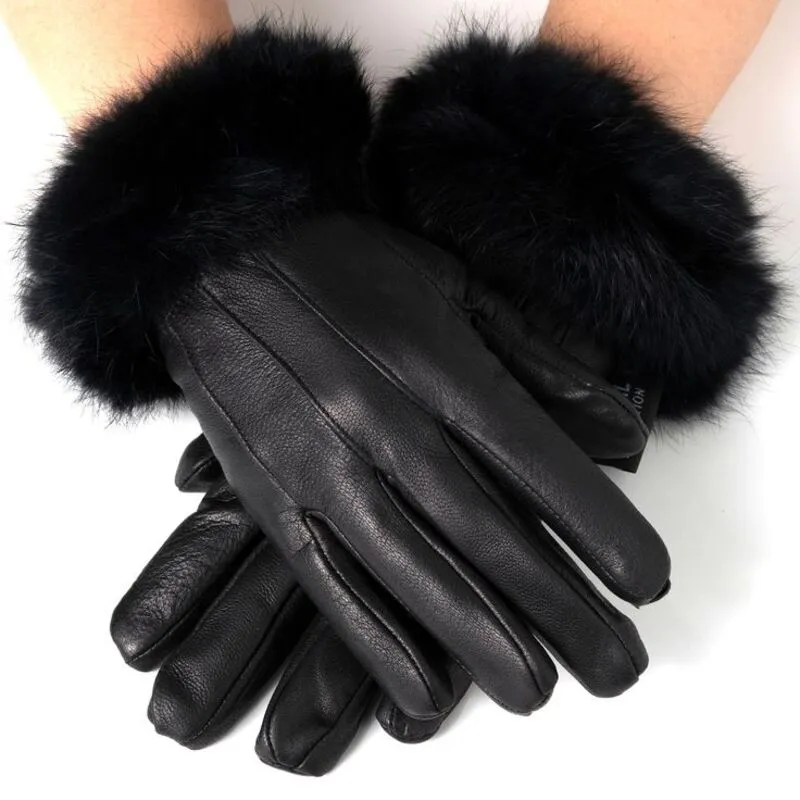 Elegant black leather winter gloves with soft fluffy fur cuffs