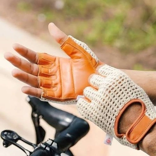 Custom made brown and white leather cycling gloves by handygear gloves