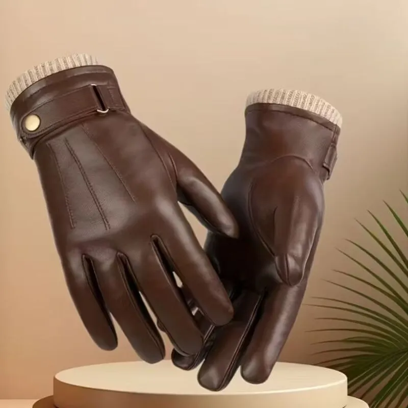 Brown leather winter gloves with knit cuffs and buckle straps