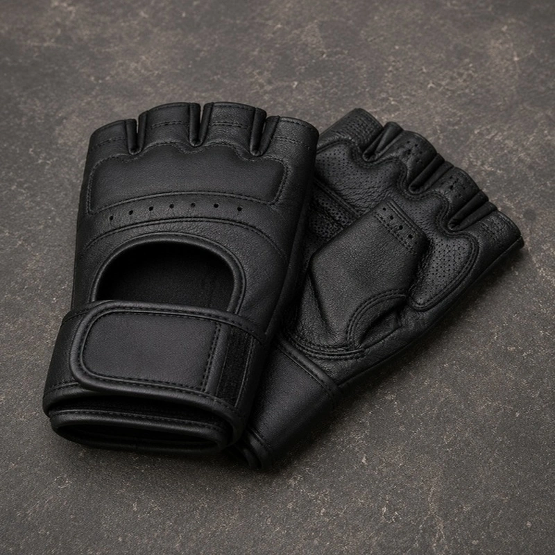 Black leather fingerless gym gloves with padded palms and wrist straps