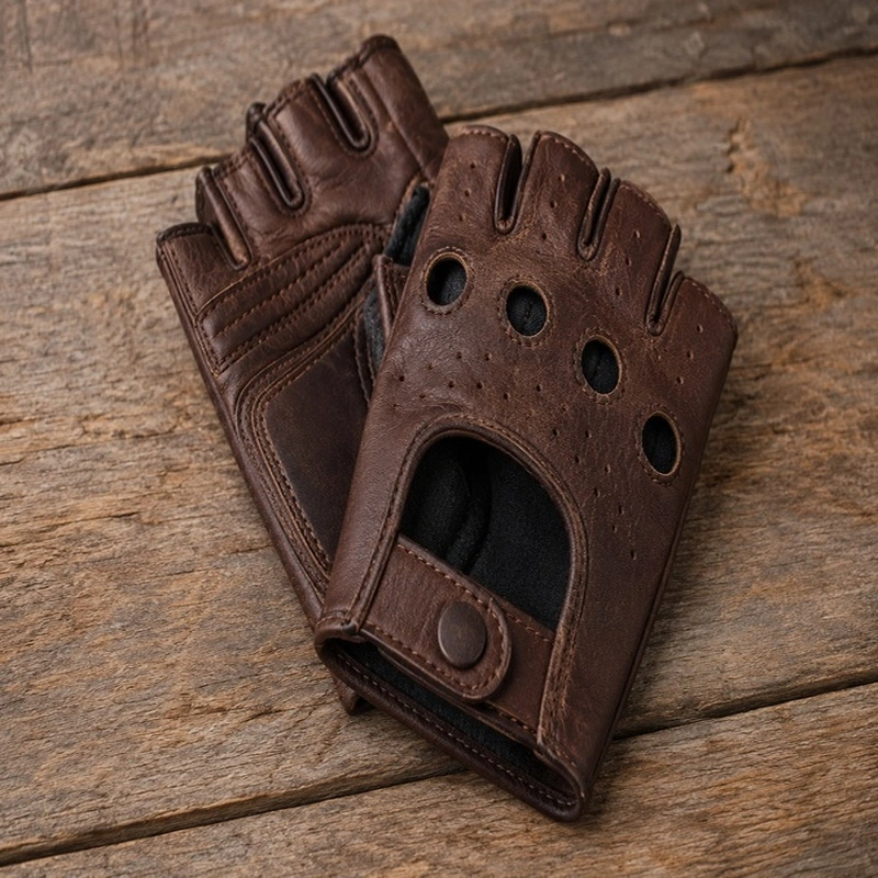Brown leather fingerless cycling gloves with perforated detailing