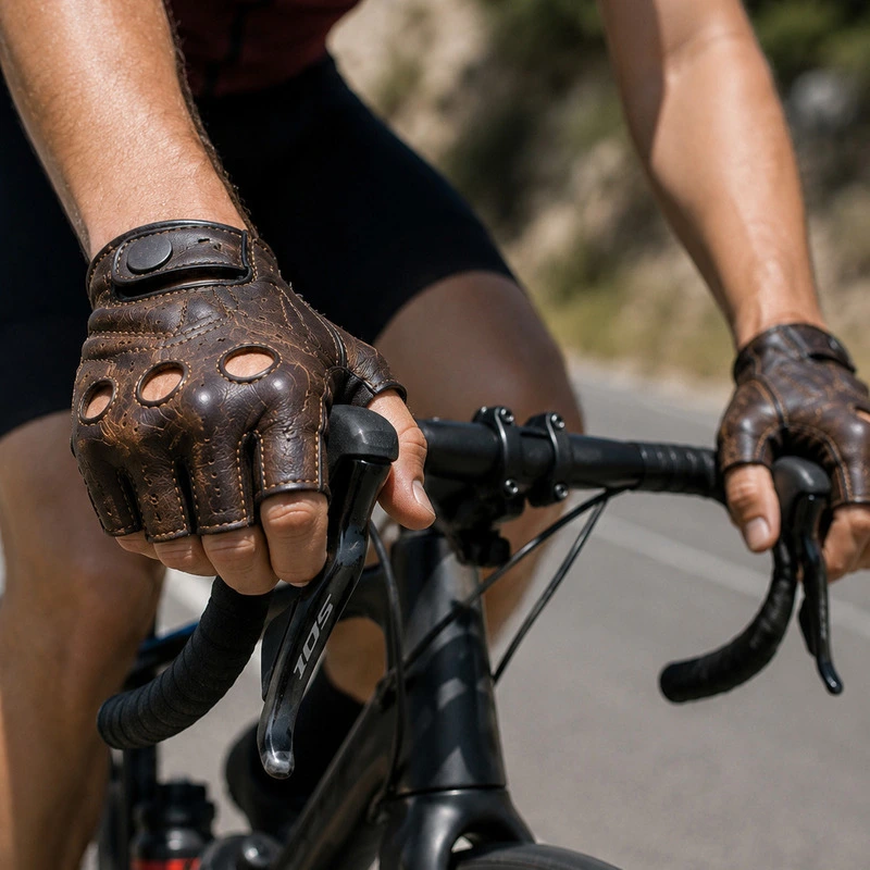 Man wearing brown leather fingerless cycling gloves while riding a road bike