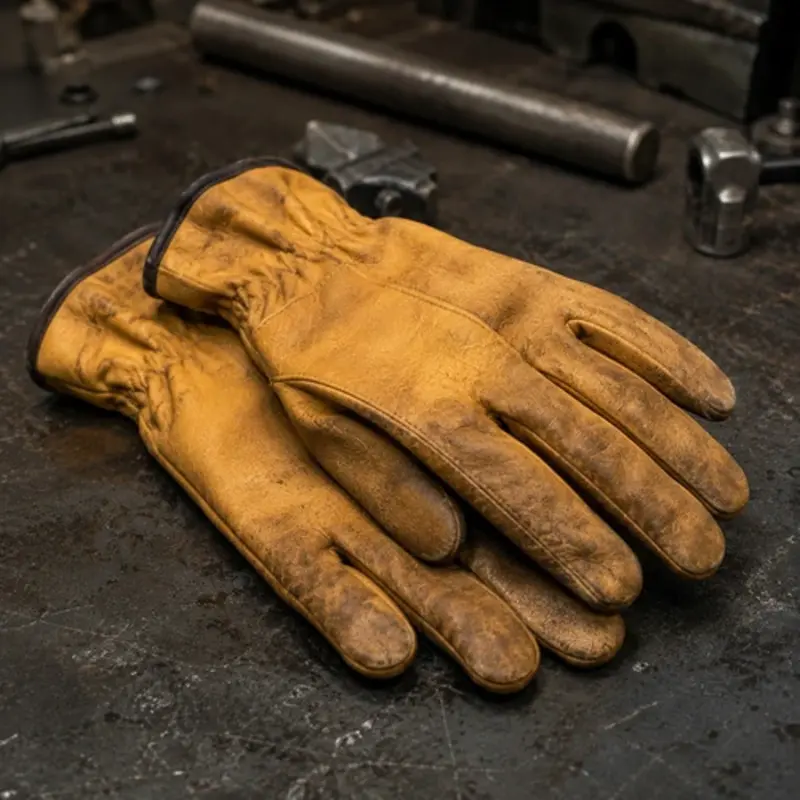 Brown leather mechanic gloves resting on a workshop table