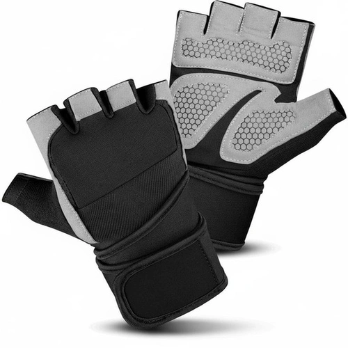 grey and black leather gym gloves