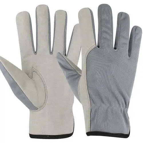 grey and white leather safety gloves