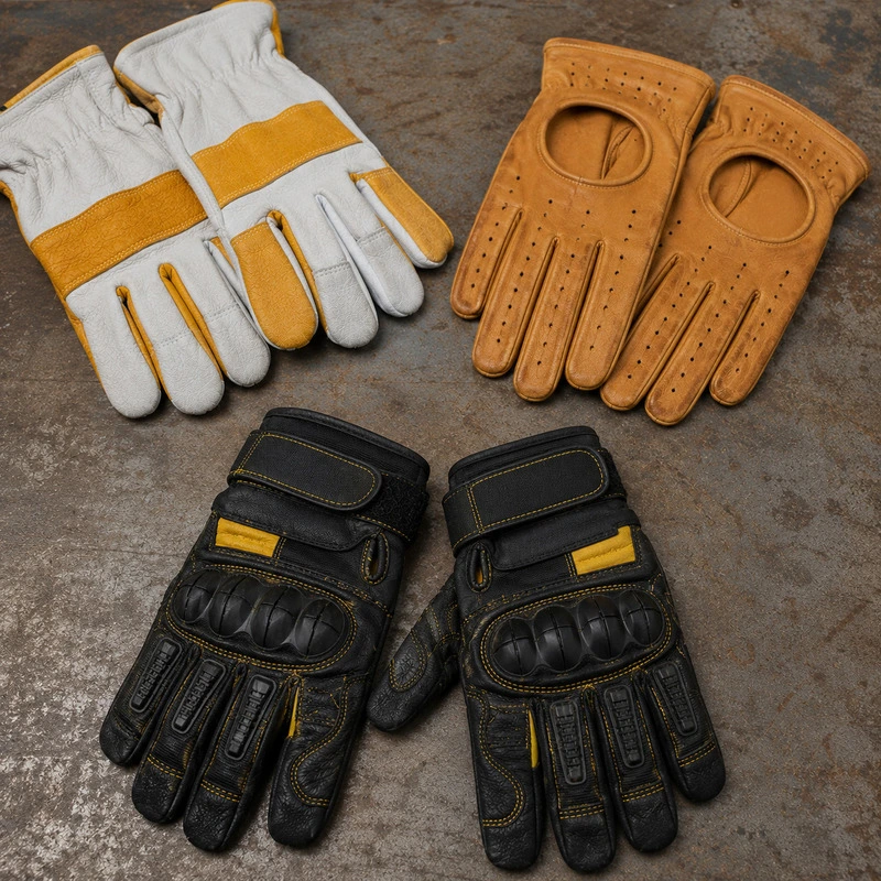 Premium leather safety gloves lying on wooden table