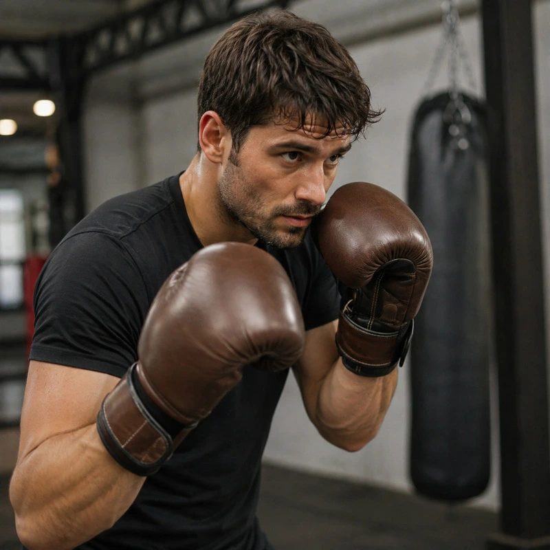 Man training in a boxing gym wearing brown boxing gloves