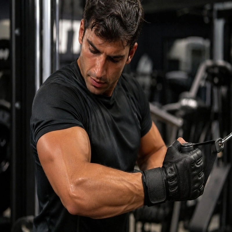Man wearing black leather gym gloves at the gym and doing weightlifting