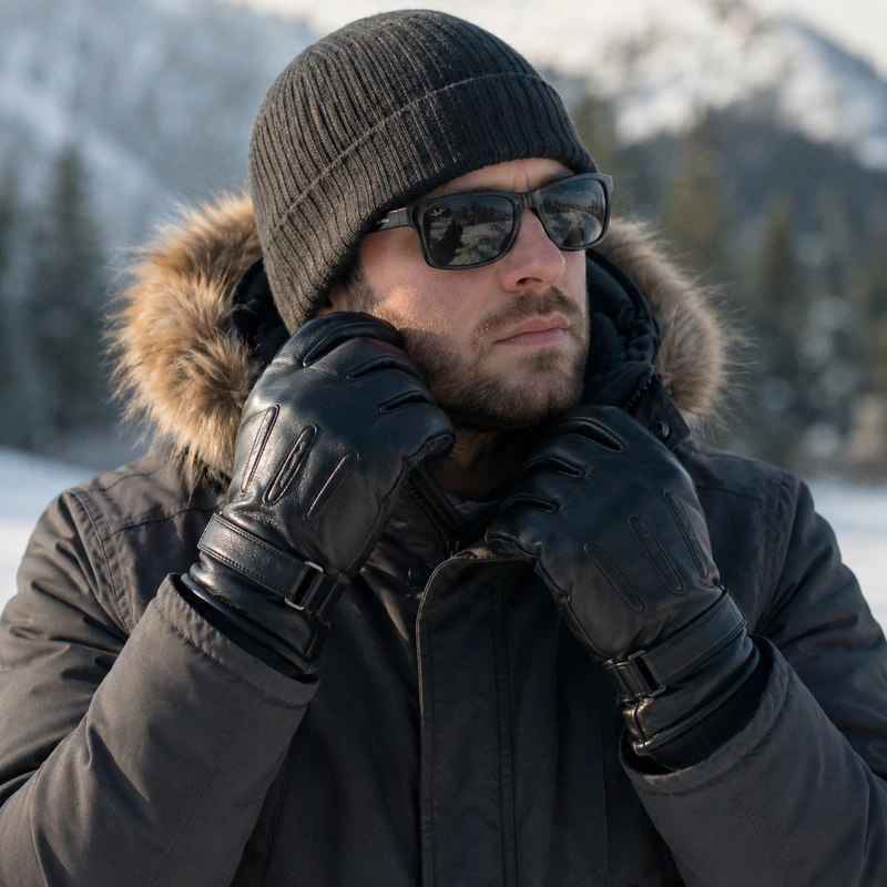 Man wearing black leather winter gloves in snowy mountains.