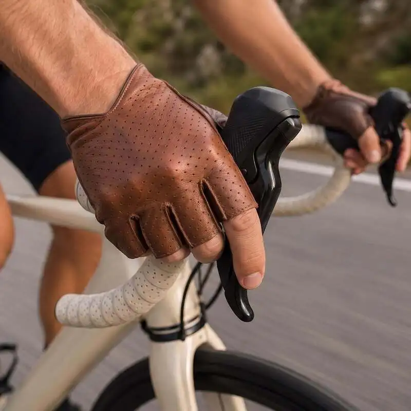 Man wearing brown perforated leather cycling gloves while riding a road bike