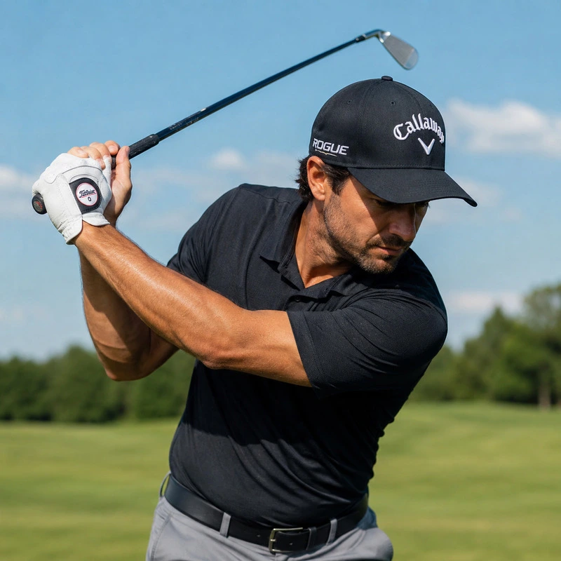 Golfer wearing a white leather glove while swinging a golf club