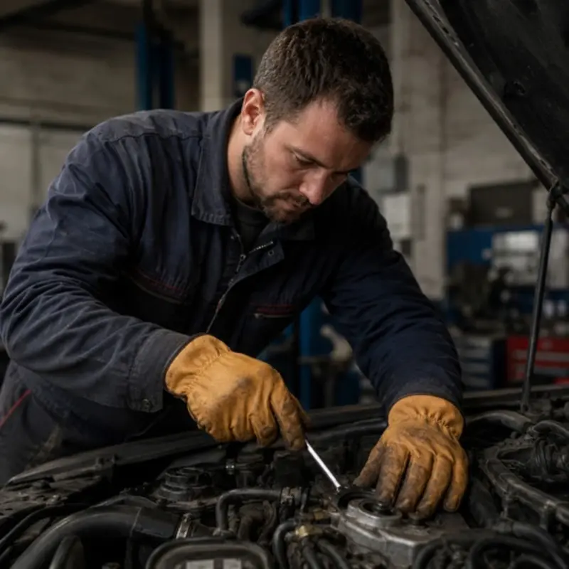 Mechanic wearing tan leather mechanic gloves repairing a car