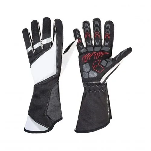 white and black leather go kart gloves