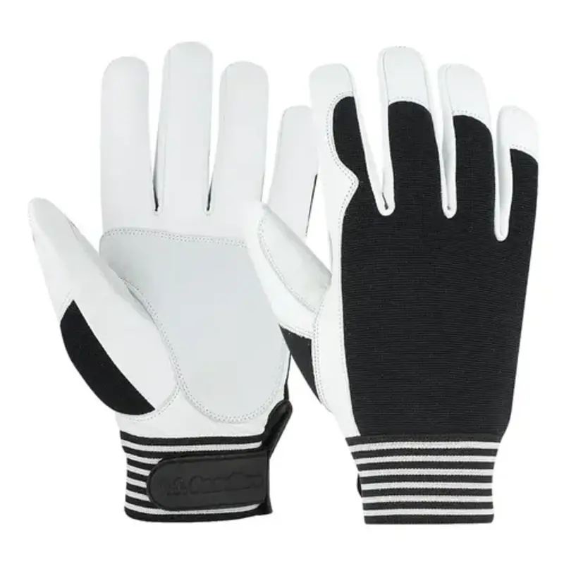 White and black leather mechanic gloves with striped wrist cuffs