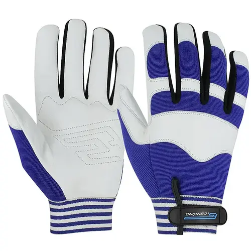 white and blue leather mechanic gloves