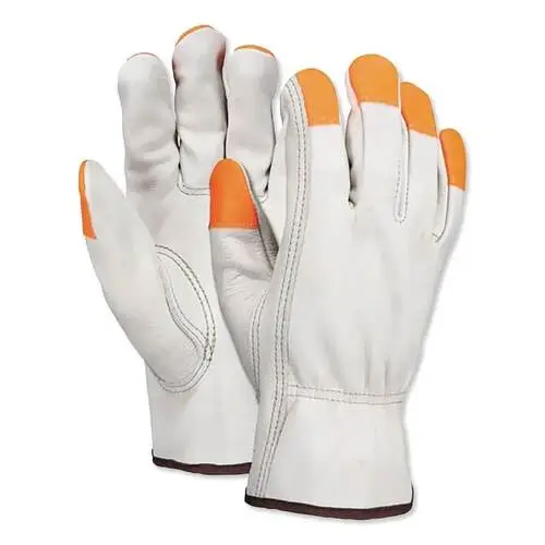 white leather safety gloves with organge finger tips