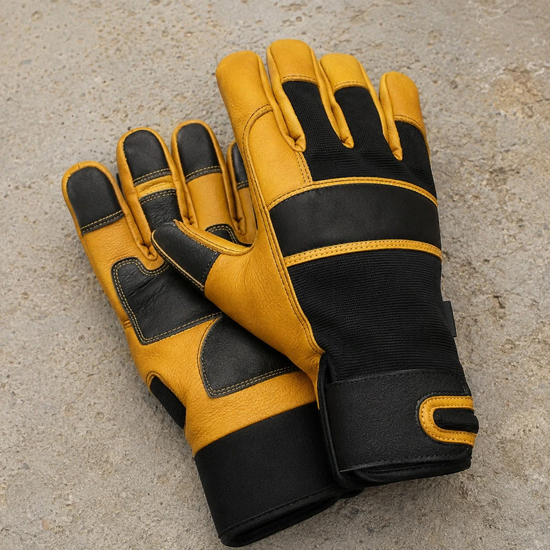 Yellow and black leather safety gloves lying on marlble