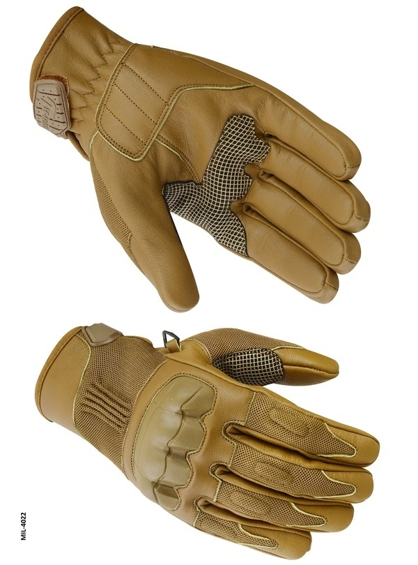 Tan leather tactical gloves with padded knuckles and grip