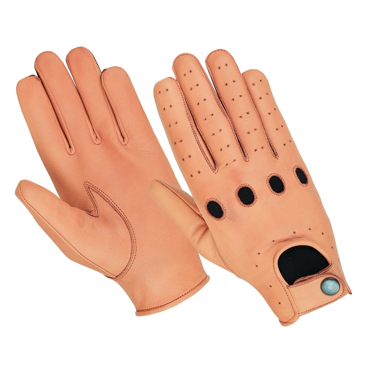 Tan leather driving gloves with perforations and wrist snap