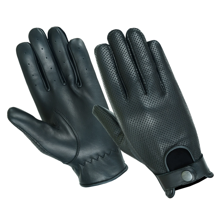 Black leather driving gloves with perforations and snap cuff