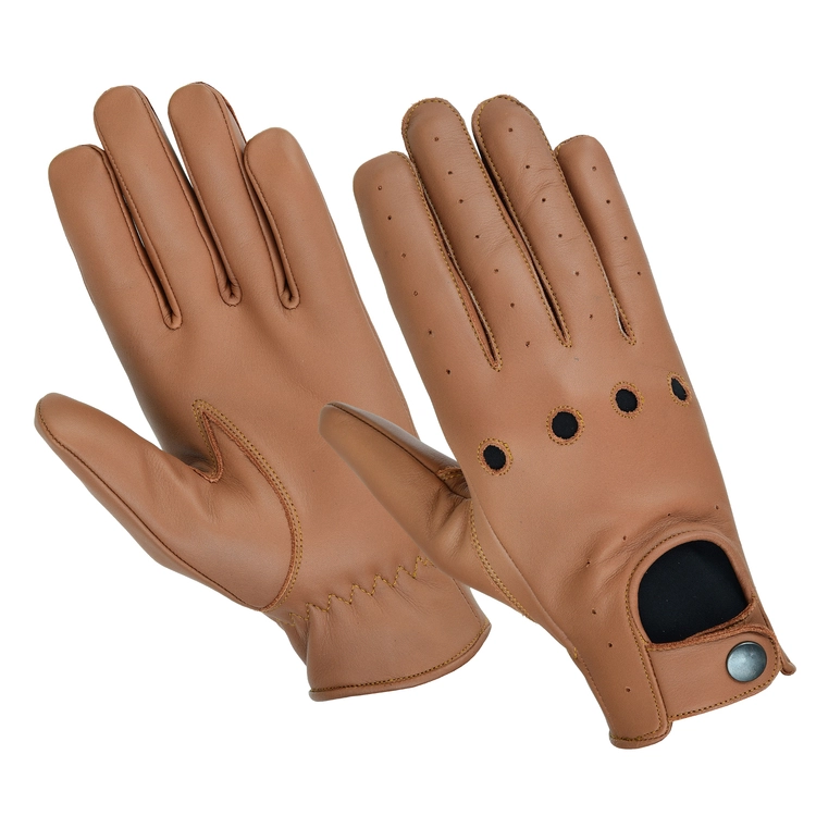 Brown leather driving gloves with air holes and snap closure