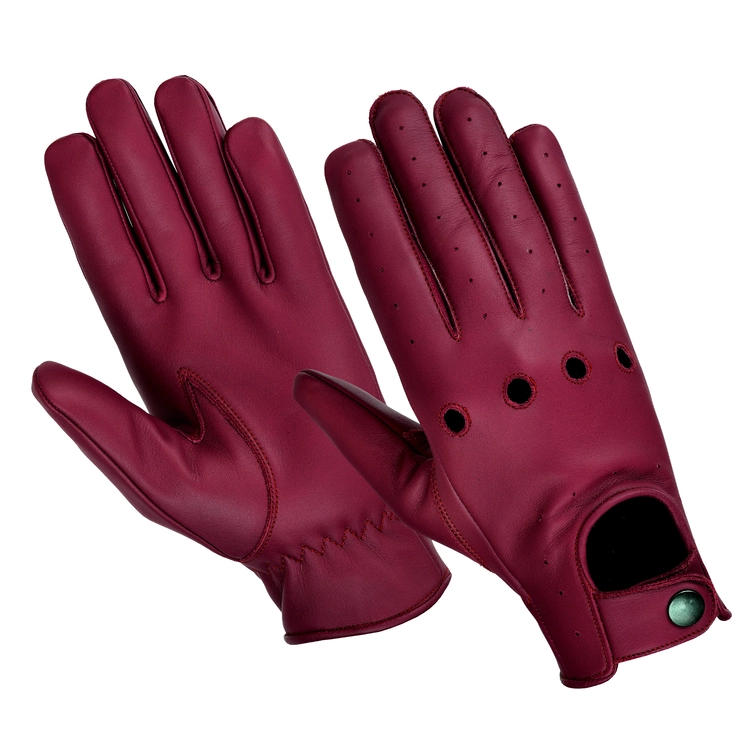 Burgundy leather driving gloves with air holes and snap cuff