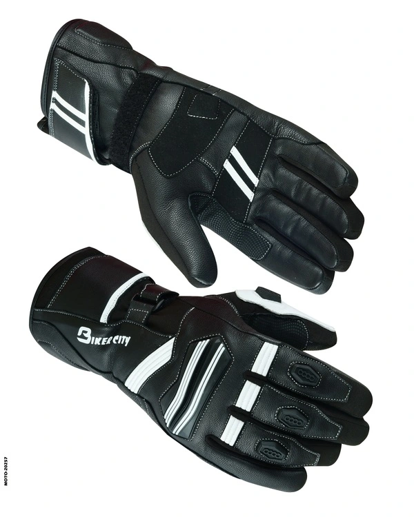 Black motorcycle riding gloves with white reflective stripes, reinforced finger panels, padded palms, and adjustable wrist closures.