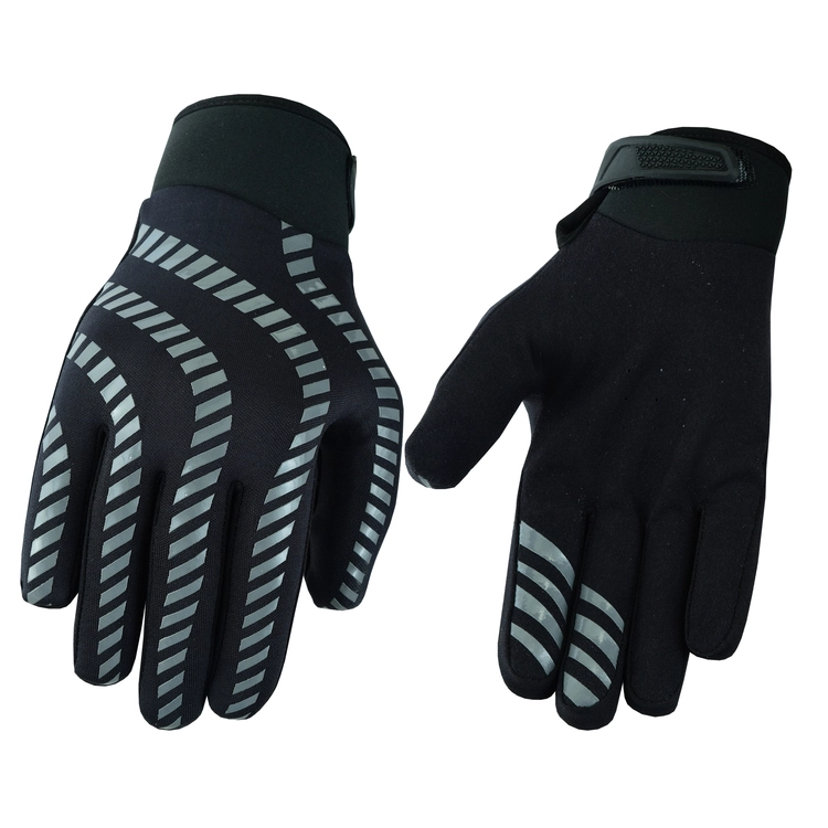 Black motorcycle riding gloves with gray reflective stripes on the fingers and back of the hand, featuring adjustable wrist closures.
