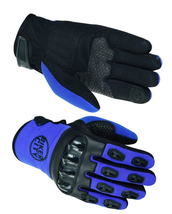 Blue and black motorcycle riding gloves with hard knuckle protectors, reinforced palms, and adjustable wrist closures.