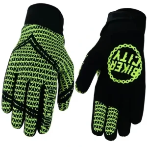 Green and black motorbike gloves with wrist strap