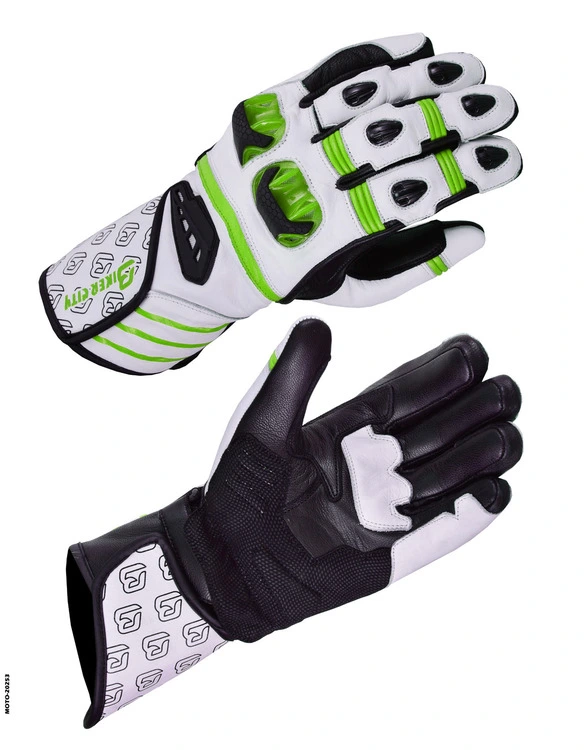White, black, and neon green motorcycle racing gloves with protective knuckle guards and reinforced palms.